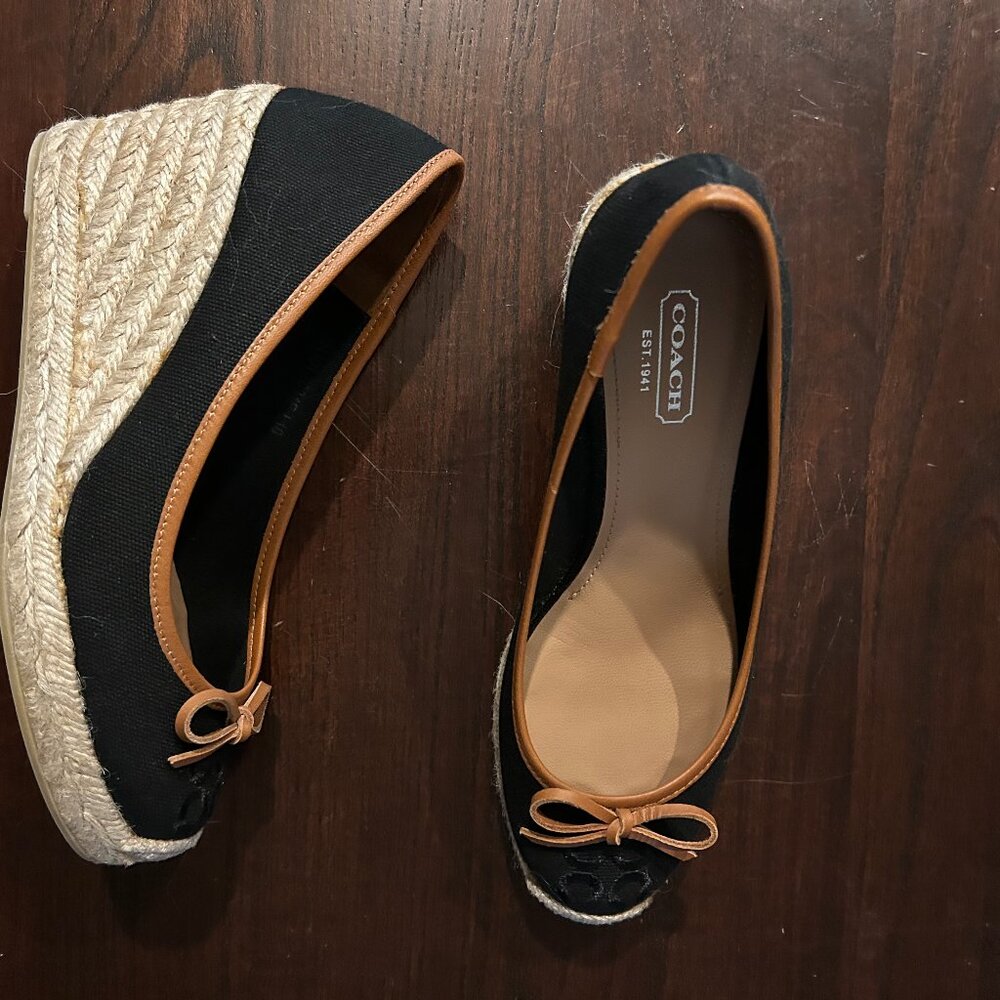 Coach Ireena signature black canvas espadrille wedge, size 6